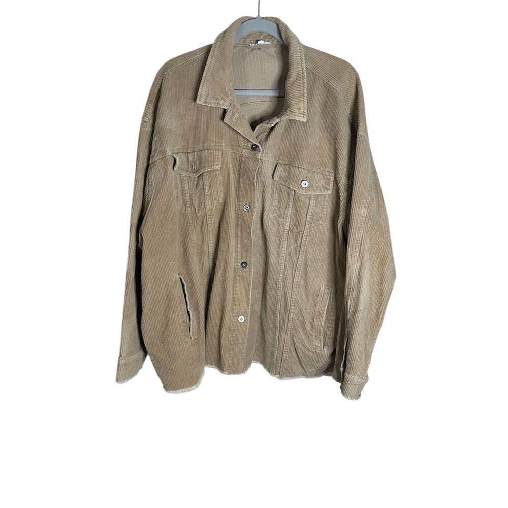 GeeGee Women's Corduroy Jacket 1XL Brown Button Mid-Length Long Sleeve shacket